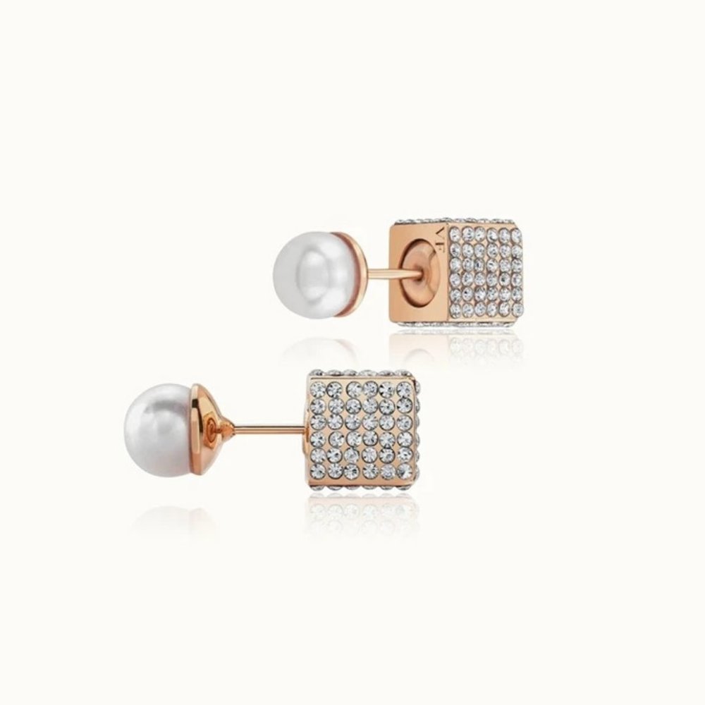 $500 Vita Fede Double Cubo Pearl Earrings RoseGold